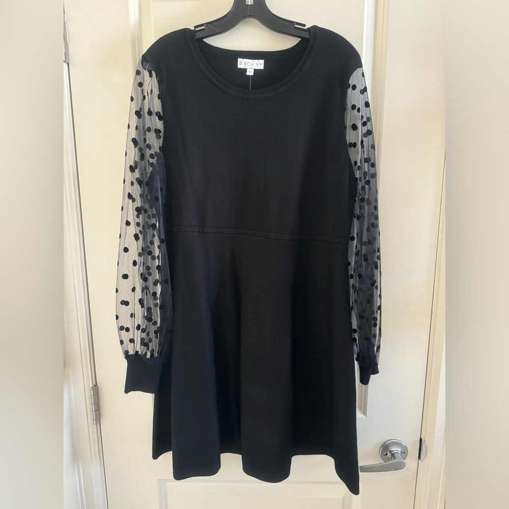 NWT Birch NY Black Polka Dot Long Sleeve Fit and Flare Dress Size Large